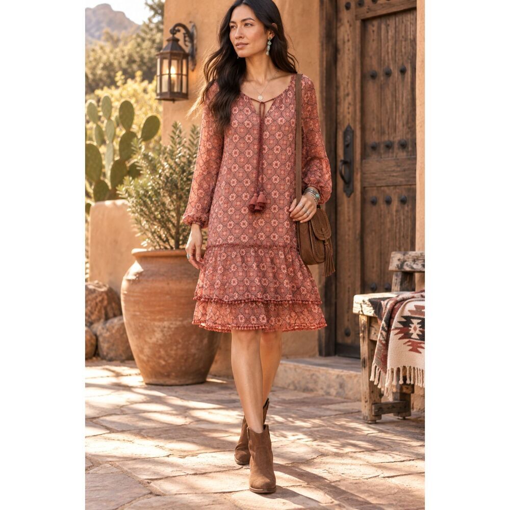 Sundance Mosaic Breeze Pink Boho Tiered Dress Women's Small